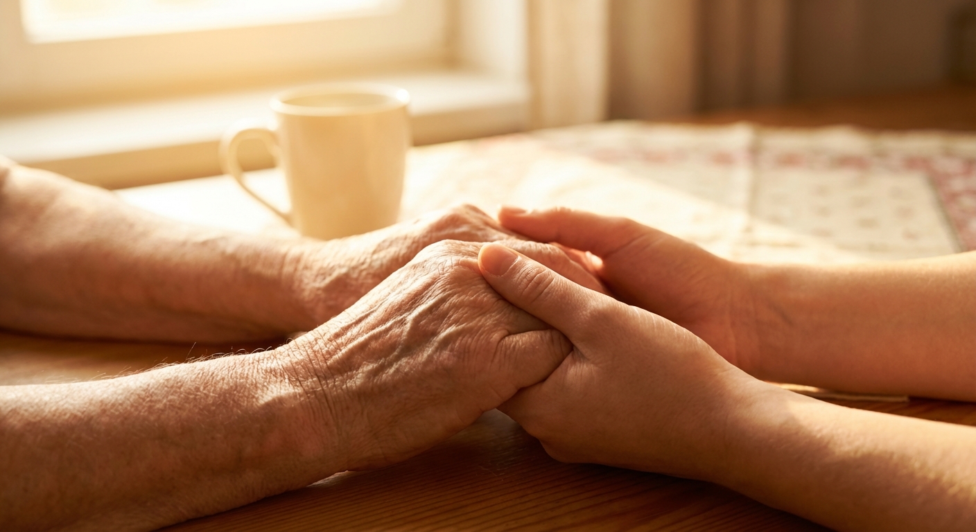 Hands of an older and younger person, symbolizing family care